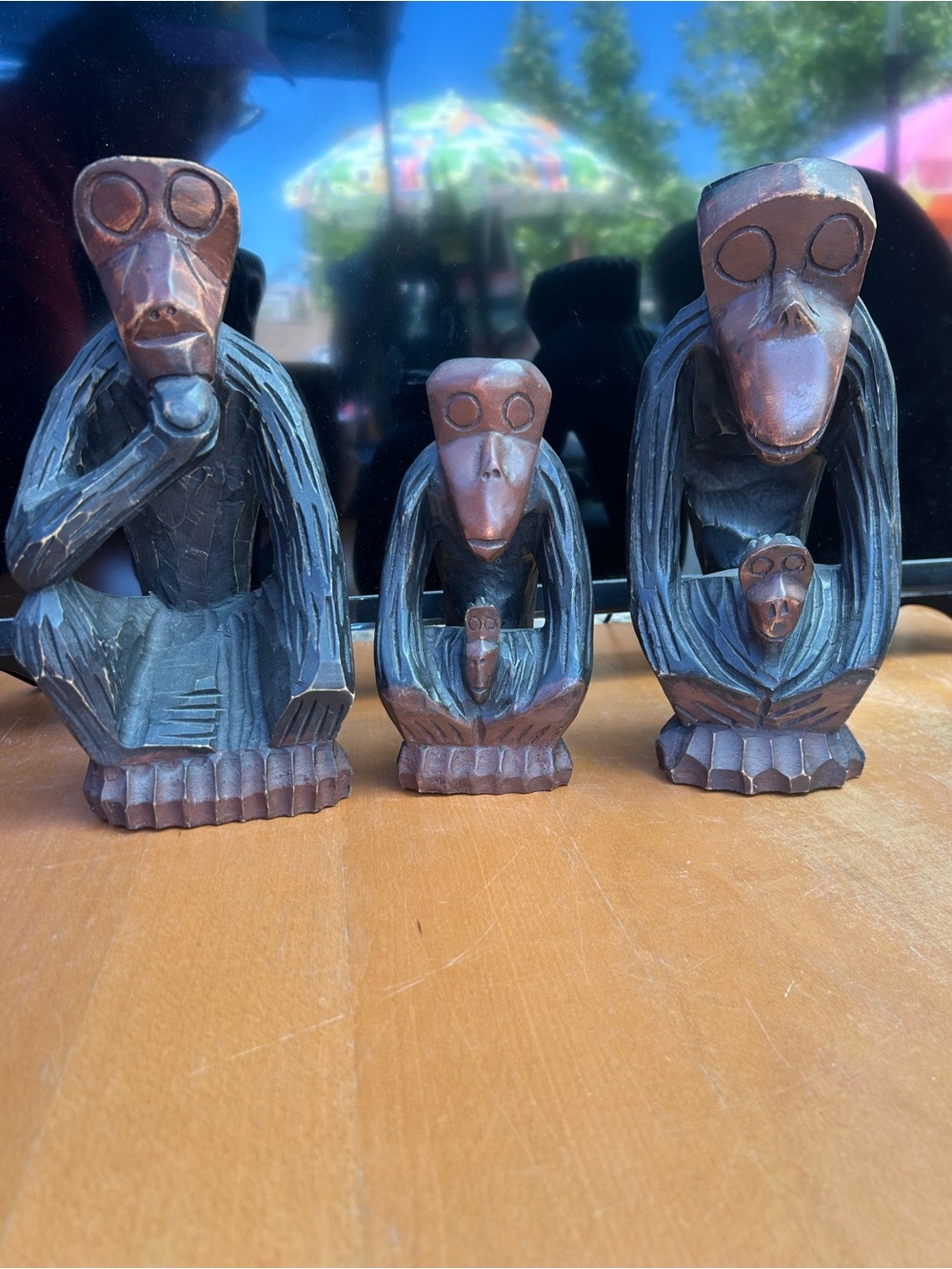 Vintage Hand-Carved Wooden Monkey Family Figurine Set of 3